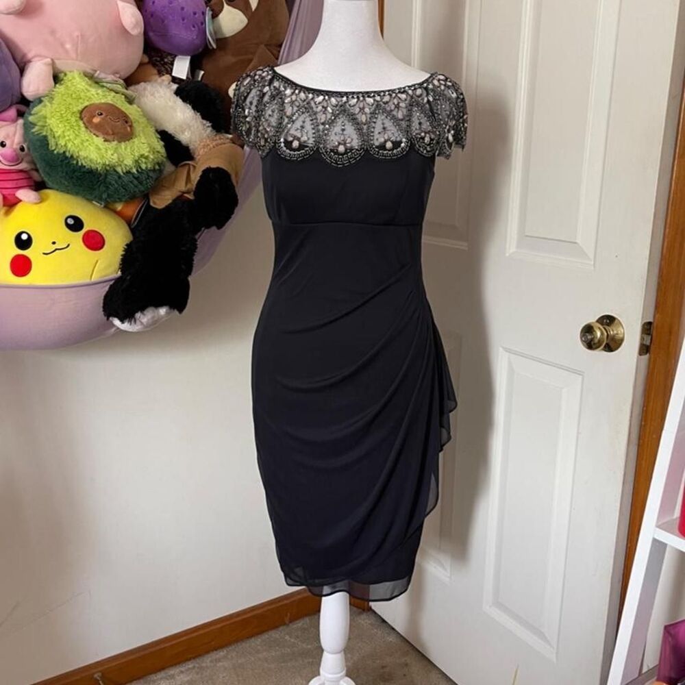 XSCAPE BEADED ILLUSION COCKTAIL DRESS